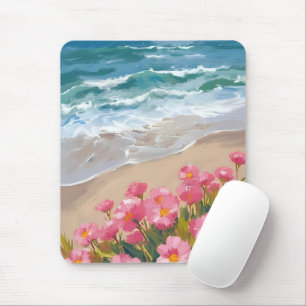 Strandgolven Waterverf Roze Bloemenkust Schilderij Muismat