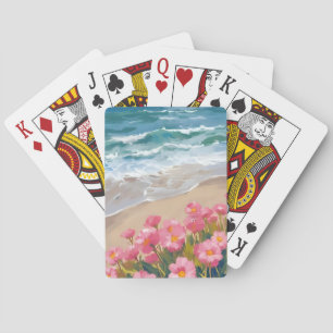 Strandgolven Waterverf Roze Bloemenkust Schilderij Pokerkaarten