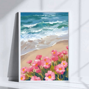 Strandgolven Waterverf Roze Bloemenkust Schilderij Poster