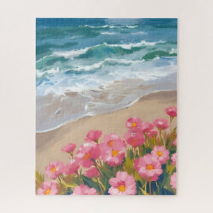 Strandgolven Waterverf Roze Bloemenschilderij Legpuzzel