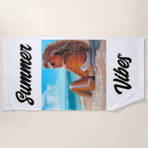 STRANDHANDBAD UNIEKE SCHILDERIJ MEISJE ZITTEND OP 