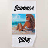 STRANDHANDBAD UNIEKE SCHILDERIJ MEISJE ZITTEND OP  STRANDLAKEN (Voorkant)