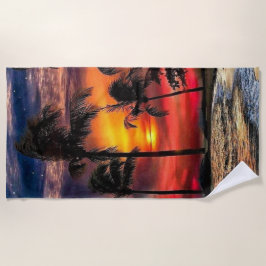 Strandhanddoek zonsondergang met oceaan en palmbom strandlaken