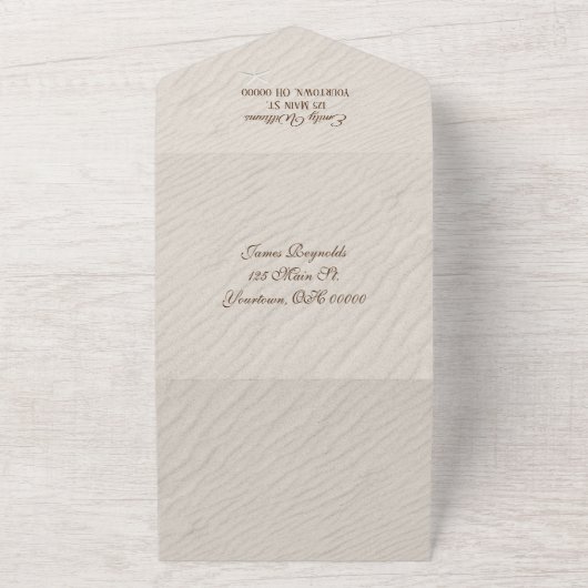 Strandhartjes in zand all in one uitnodiging (Buitenkant)