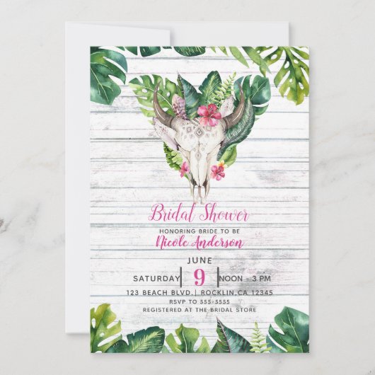 Strandhout Boho Schedel Tropische Bloembladeren Kaart (Voorkant)