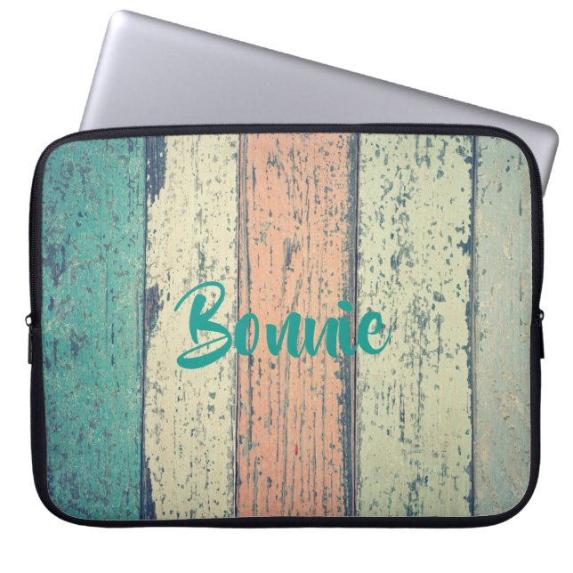 Strandhuis beschilderd hout gestreept blauwgroen p laptop sleeve (Voorkant)
