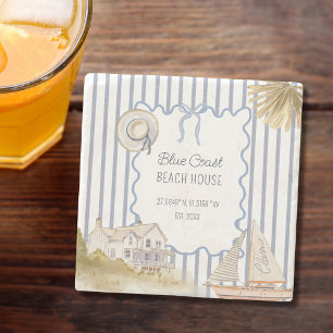 Strandhuis Blauw Coastal Chic Blauwe Strepen Stenen Onderzetter