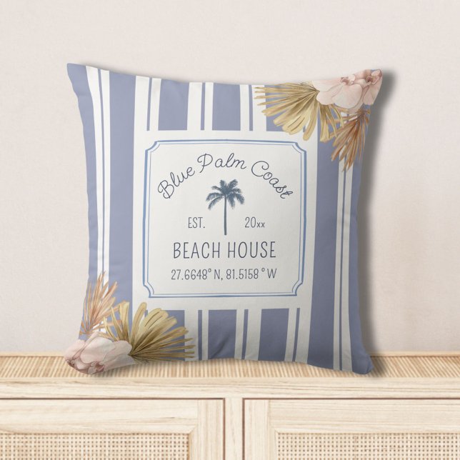 Strandhuis Blauwe Strepen Kust Boho Boerderij Kussen (In situ)