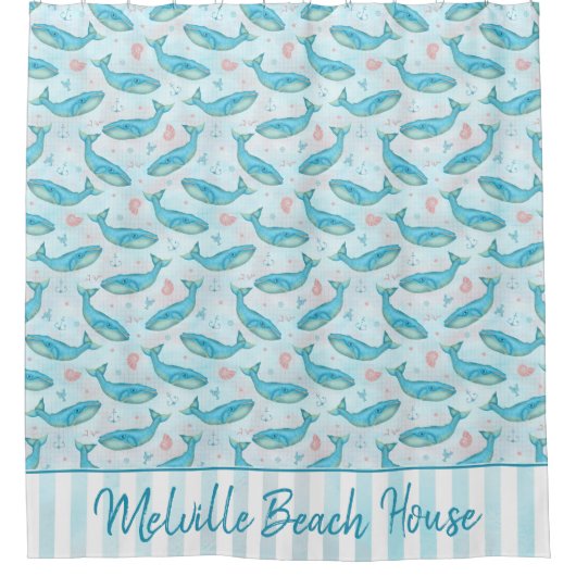 Strandhuis blauwe vinvis nautisch | Gepersonalisee Douchegordijn (Voorkant)