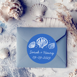 Strandhuis Bruiloft Blauw Wit AANPASBAAR Ronde Sticker