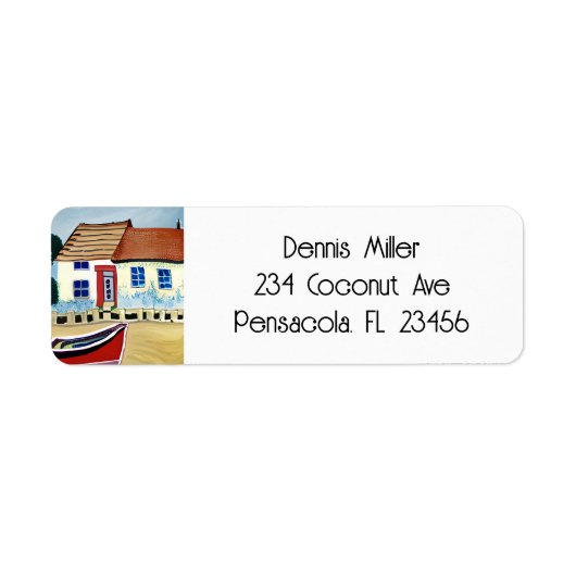 Strandhuis en Boot Abstracte Illustratie Etiket (Voorkant)