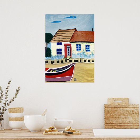 Strandhuis en Boot Abstracte Illustratie Poster (Keuken)