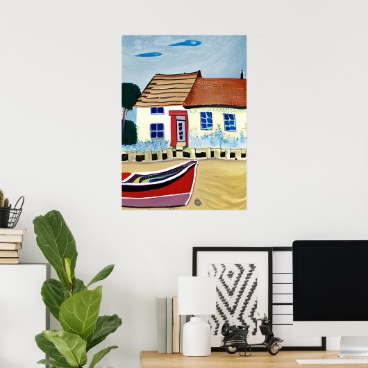 Strandhuis en Boot Abstracte Illustratie Poster (Thuiskantoor)