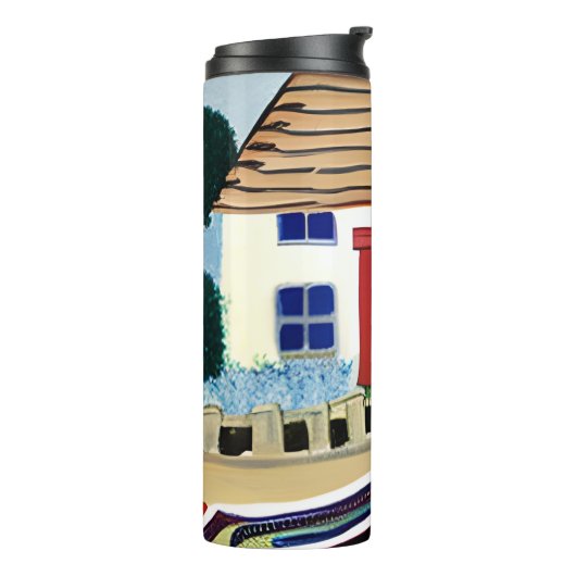 Strandhuis en Boot Abstracte Illustratie Thermosbeker (Gedraaid links)