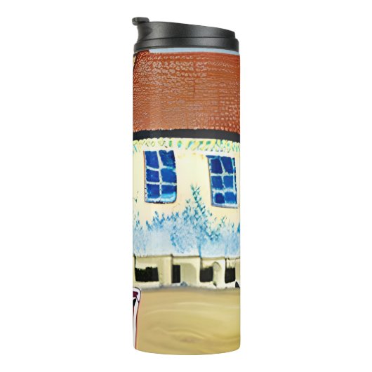 Strandhuis en Boot Abstracte Illustratie Thermosbeker (Geroteerd rechts)