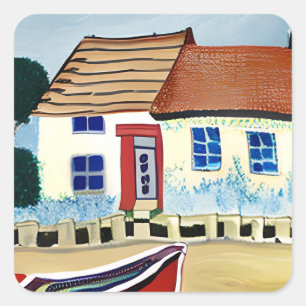 Strandhuis en Boot Abstracte Illustratie Vierkante Sticker