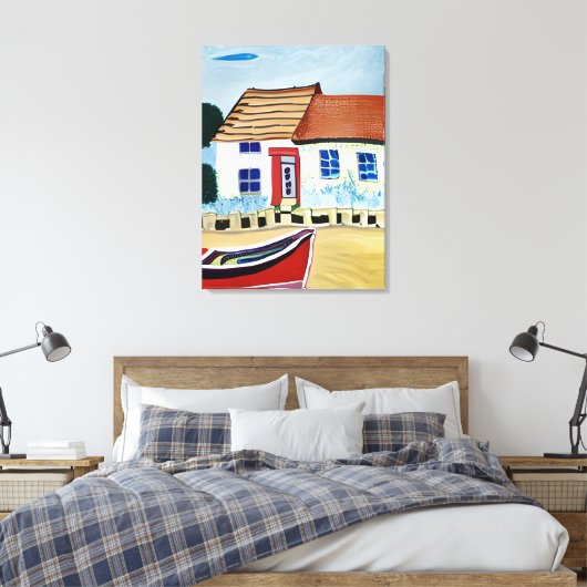 Strandhuis en Boot op Sandy Beach Canvas Afdruk (Insitu (Slaapkamer))