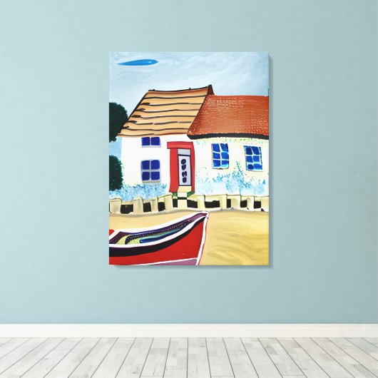 Strandhuis en Boot op Sandy Beach Canvas Afdruk (Insitu (Houten vloer))
