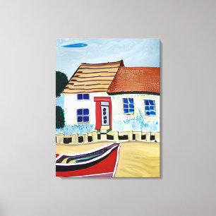 Strandhuis en Boot op Sandy Beach Canvas Afdruk