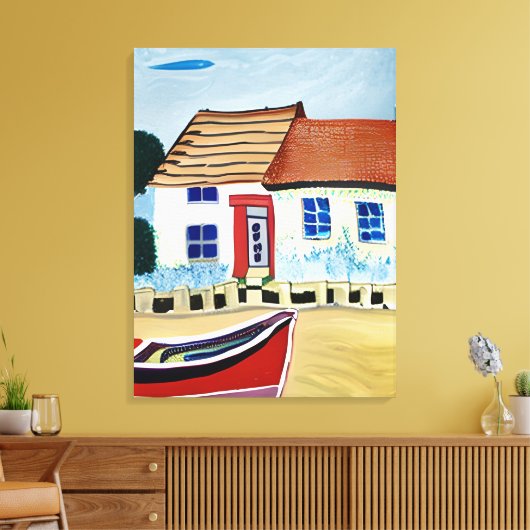 Strandhuis en Boot op Sandy Beach Canvas Afdruk (Insitu (Woonkamer))