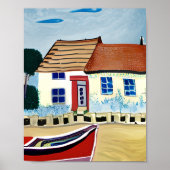 Strandhuis en boot op zandstrand poster (Voorkant)
