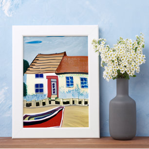 Strandhuis en boot op zandstrand poster