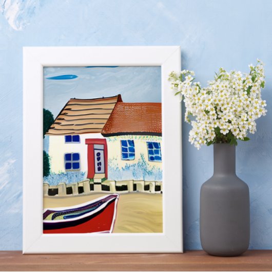 Strandhuis en boot op zandstrand poster