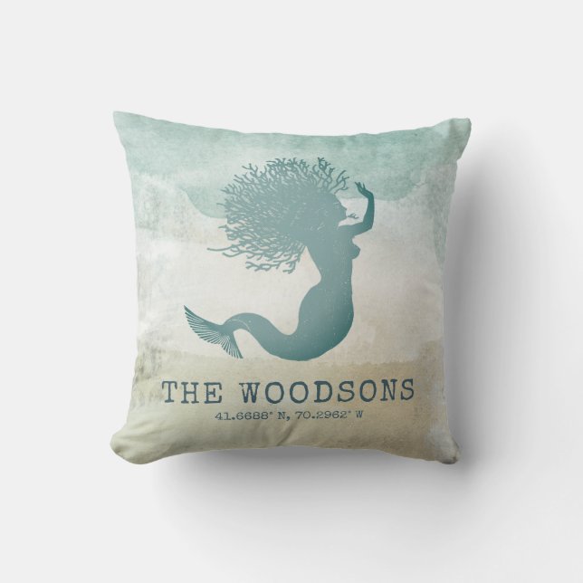 Strandhuis Familienaam Nautische Custom Coordinate Kussen (Voorkant)