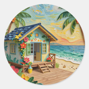 Strandhuis kustkunst ronde sticker