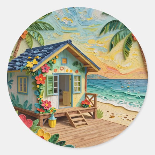 Strandhuis kustkunst ronde sticker (Voorkant)