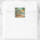 Strandhuis kustkunst vierkante sticker (Tas)