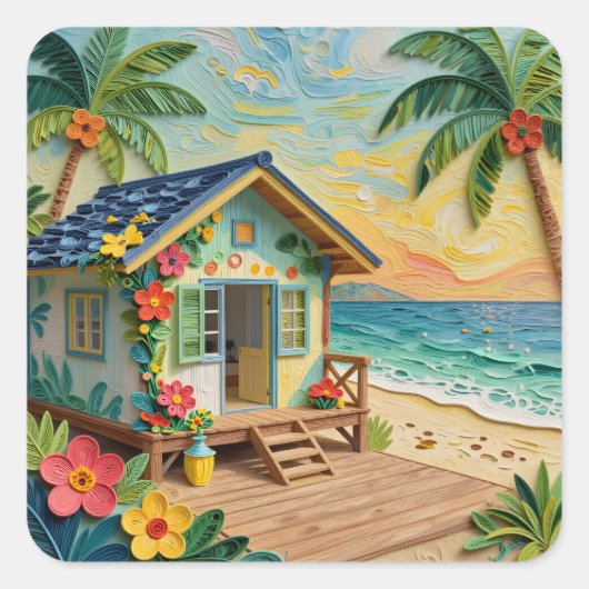 Strandhuis kustkunst vierkante sticker (Voorkant)