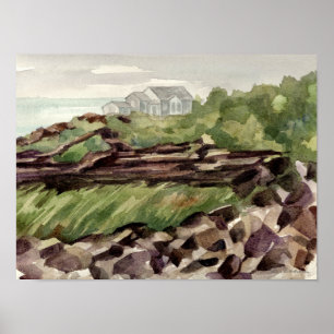 Strandhuis Maine Ruw Kustlijn Rotsen Poster
