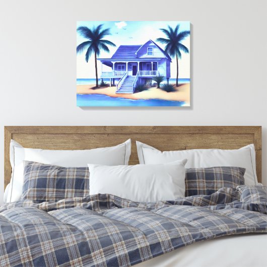 Strandhuis met palmbomen canvas afdruk (Insitu (Slaapkamer))