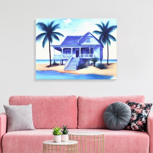 Strandhuis met palmbomen canvas afdruk (Insitu (Woonkamer))
