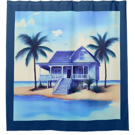 Strandhuis met palmbomen douchegordijn (Voorkant)