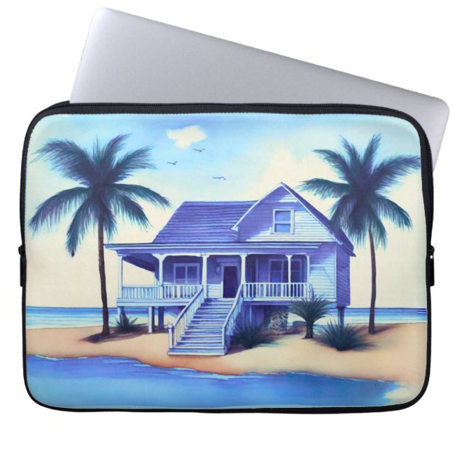 Strandhuis met palmbomen laptop sleeve (Voorkant)
