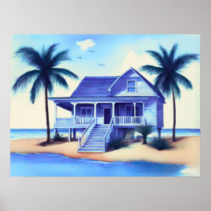 Strandhuis met palmbomen poster