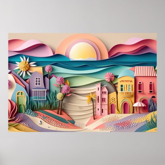 strandhuis met schattig 3d-effect poster (Voorkant)