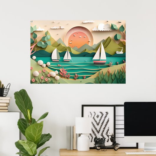 strandhuis met schattig 3d-effect poster (Thuiskantoor)