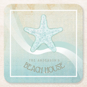 Strandhuis Nautilische Zeester Aqua Blauwe ID623 Kartonnen Onderzetters