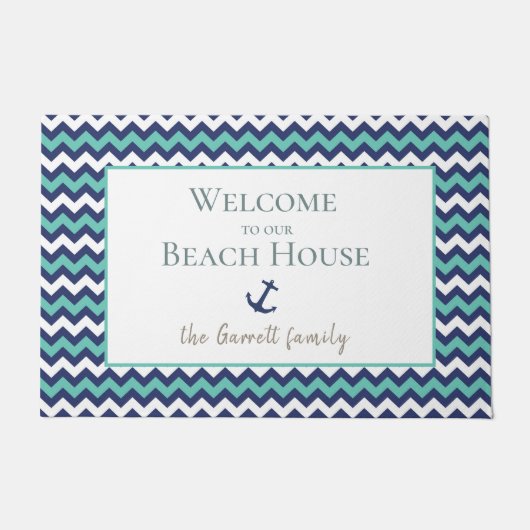 Strandhuis Nautisch Anker Blauw Aqua Welkom Deurmat (Voorkant)