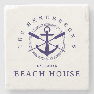 Strandhuis Nautisch anker Blauw marine Vakantie Stenen Onderzetter