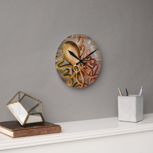 Strandhuis Octopus Rustieke Nautilus Muur Kunst Ronde Klok