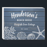 Strandhuis  schelpen Aangepaste tekst Houten Kist Print<br><div class="desc">Een super schattig strandhuis houten kistbord met  zeeschelpen,  koraal,  zeesterren en zeeen zee-egel op een nautische blauwe faux houten achtergrond. Voeg 4 regels aangepaste tekst toe om te personaliseren. Perfect voor een strandhuis,  vakantiewoning aan de oceaanzijde,  strandbruiloft,  housewarming-cadeau en meer.</div>