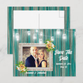 Strandhuis string lichten land blauw hout chic aankondigingskaart (Voorkant / Achterkant)