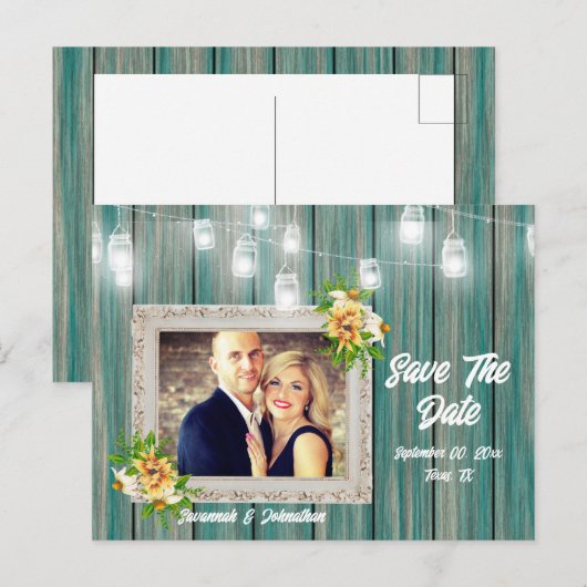 Strandhuis string lichten land blauw hout chic aankondigingskaart (Voorkant / Achterkant)