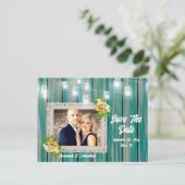 Strandhuis string lichten land blauw hout chic aankondigingskaart (Staand voorkant)