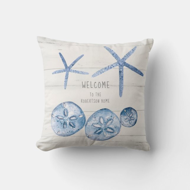 Strandhuis Zeester Zandschellen Schelpen Blauw Wit Kussen (Voorkant)