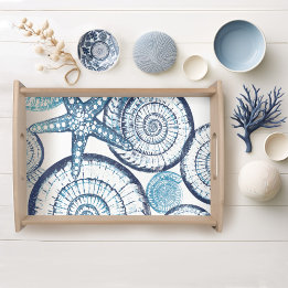 Strandhuis Zeesterren Shell Blauw Wit Dienblad